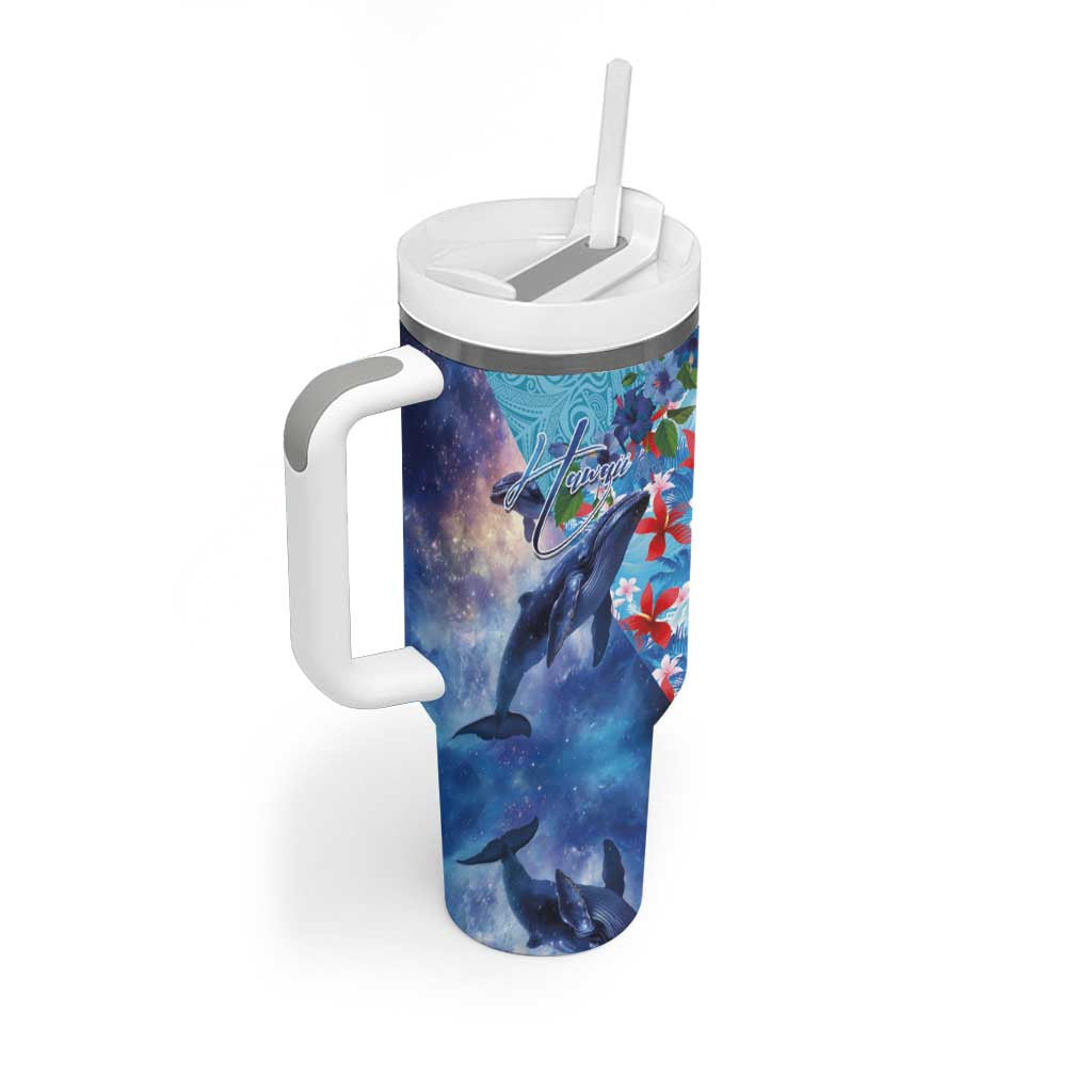 Hawaii Aloha Whales Tumbler With Handle Hibiscus and Whales with Polynesian Pattern - Polynesian Pride