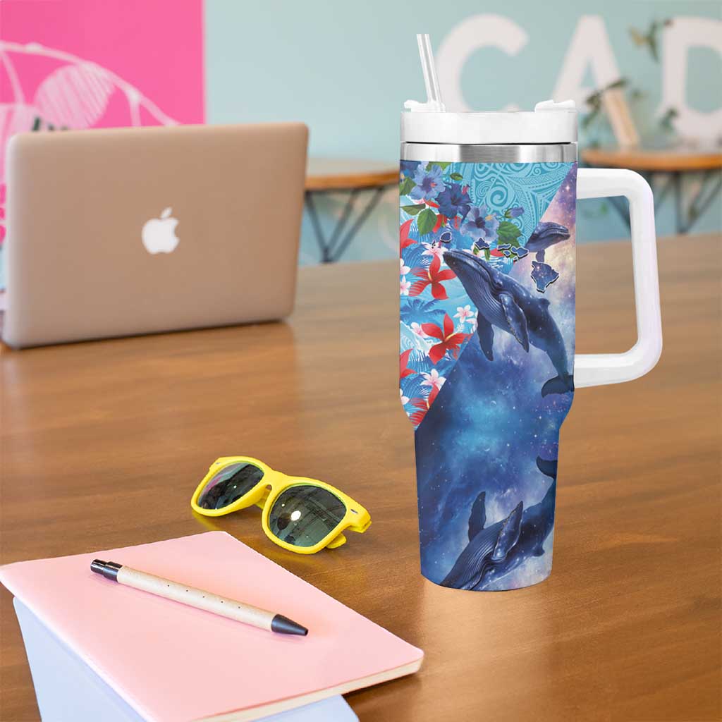 Hawaii Aloha Whales Tumbler With Handle Hibiscus and Whales with Polynesian Pattern - Polynesian Pride