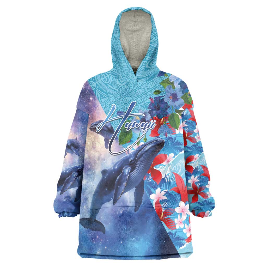Hawaii Aloha Whales Wearable Blanket Hoodie Hibiscus and Whales with Polynesian Pattern LT03 One Size Blue - Polynesian Pride