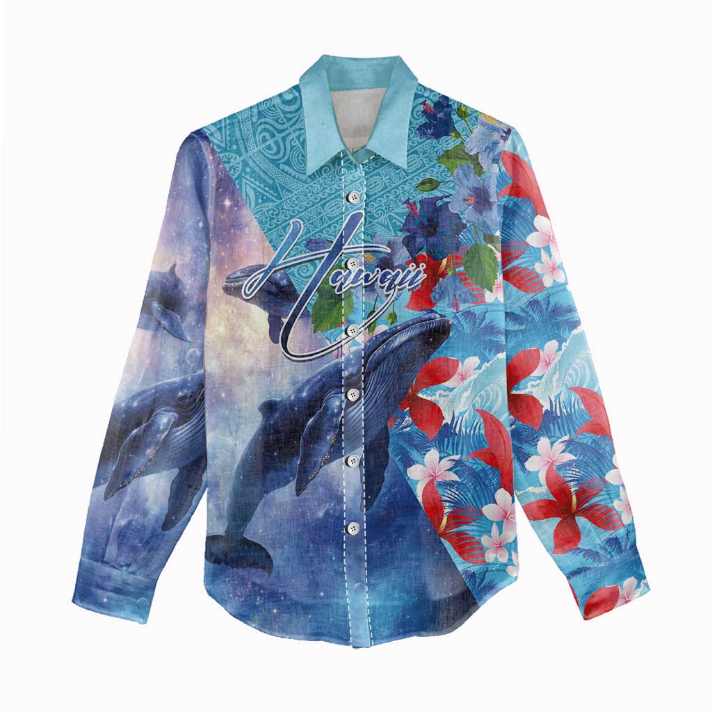 Hawaii Aloha Whales Women Casual Shirt Hibiscus and Whales with Polynesian Pattern - Polynesian Pride