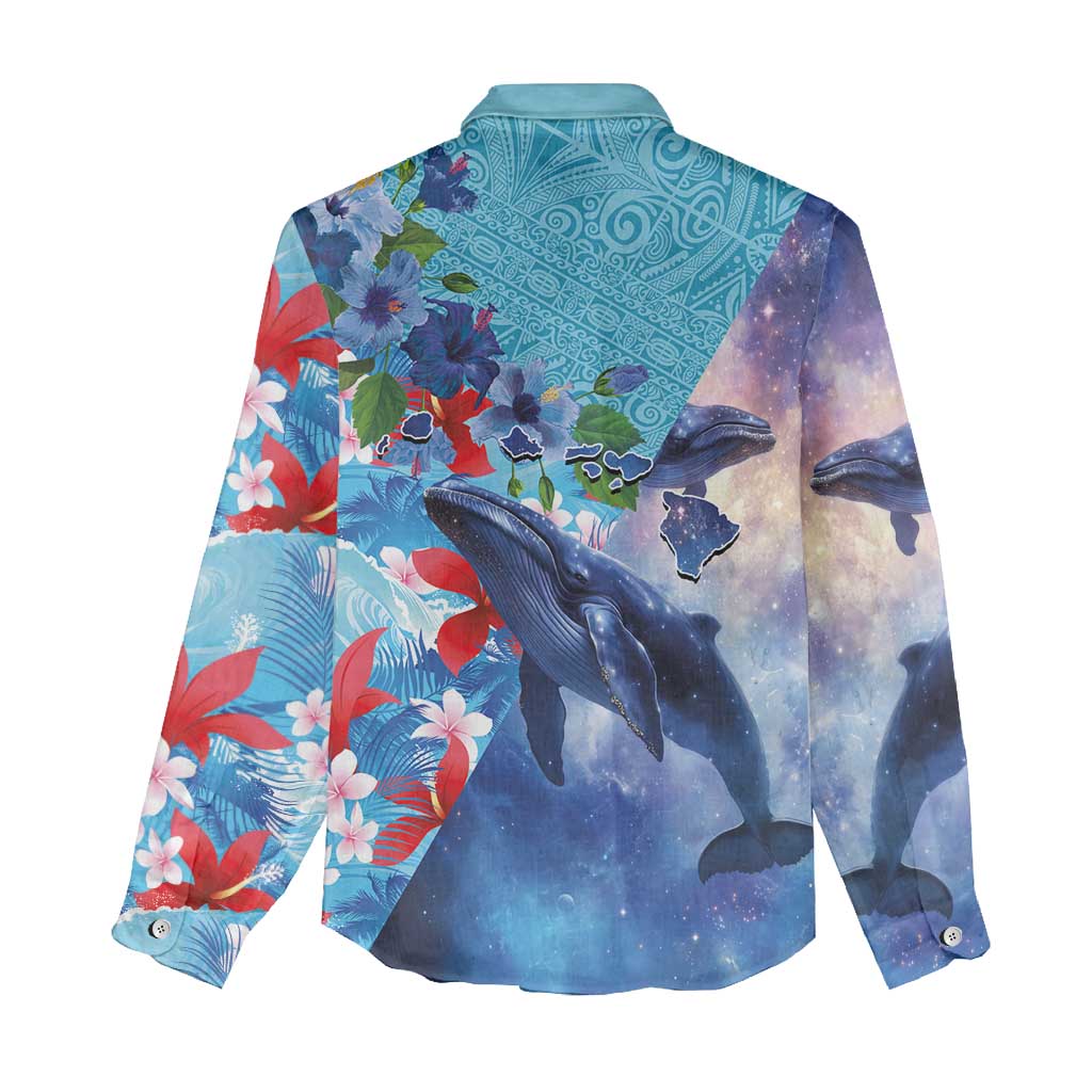 Hawaii Aloha Whales Women Casual Shirt Hibiscus and Whales with Polynesian Pattern - Polynesian Pride