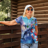 Hawaii Aloha Whales Women Polo Shirt Hibiscus and Whales with Polynesian Pattern - Polynesian Pride