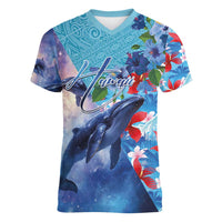 Hawaii Aloha Whales Women V-Neck T-Shirt Hibiscus and Whales with Polynesian Pattern LT03 Female Blue - Polynesian Pride