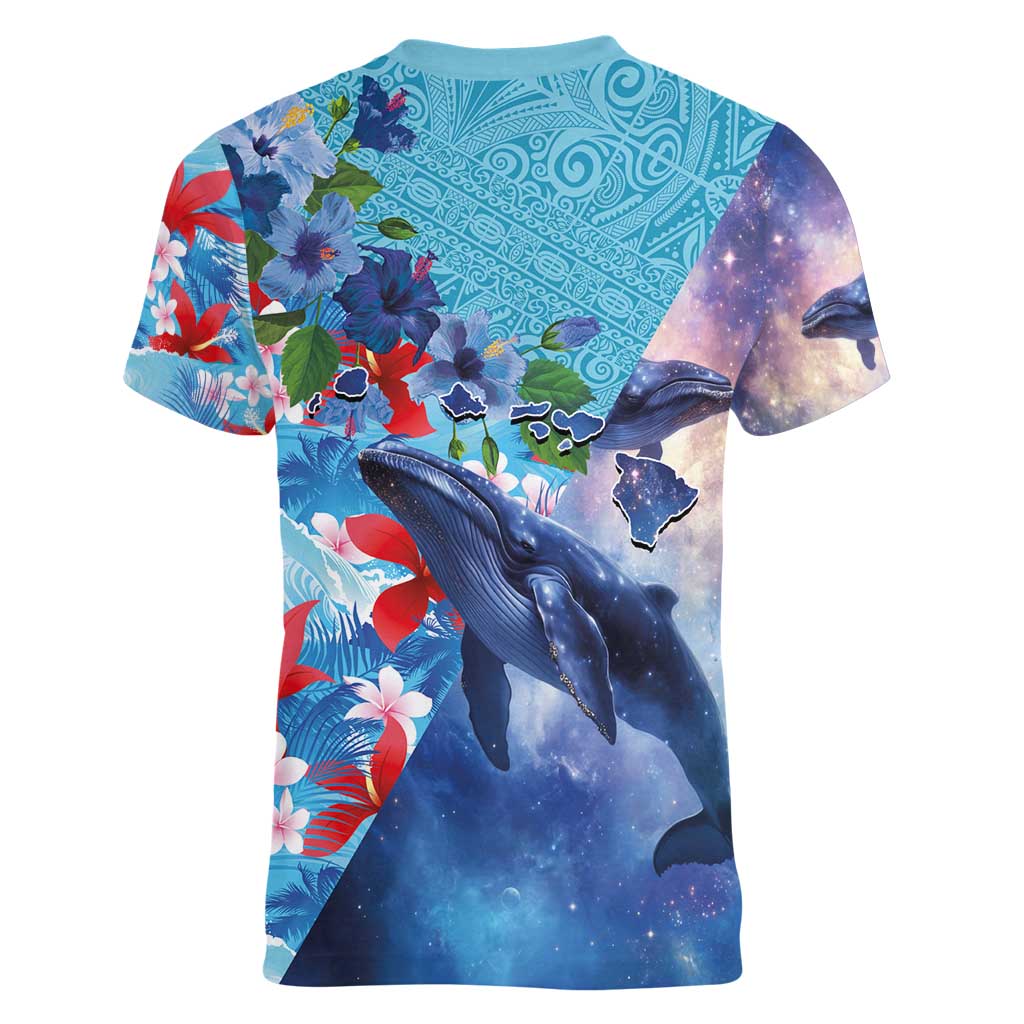 Hawaii Aloha Whales Women V-Neck T-Shirt Hibiscus and Whales with Polynesian Pattern LT03 - Polynesian Pride