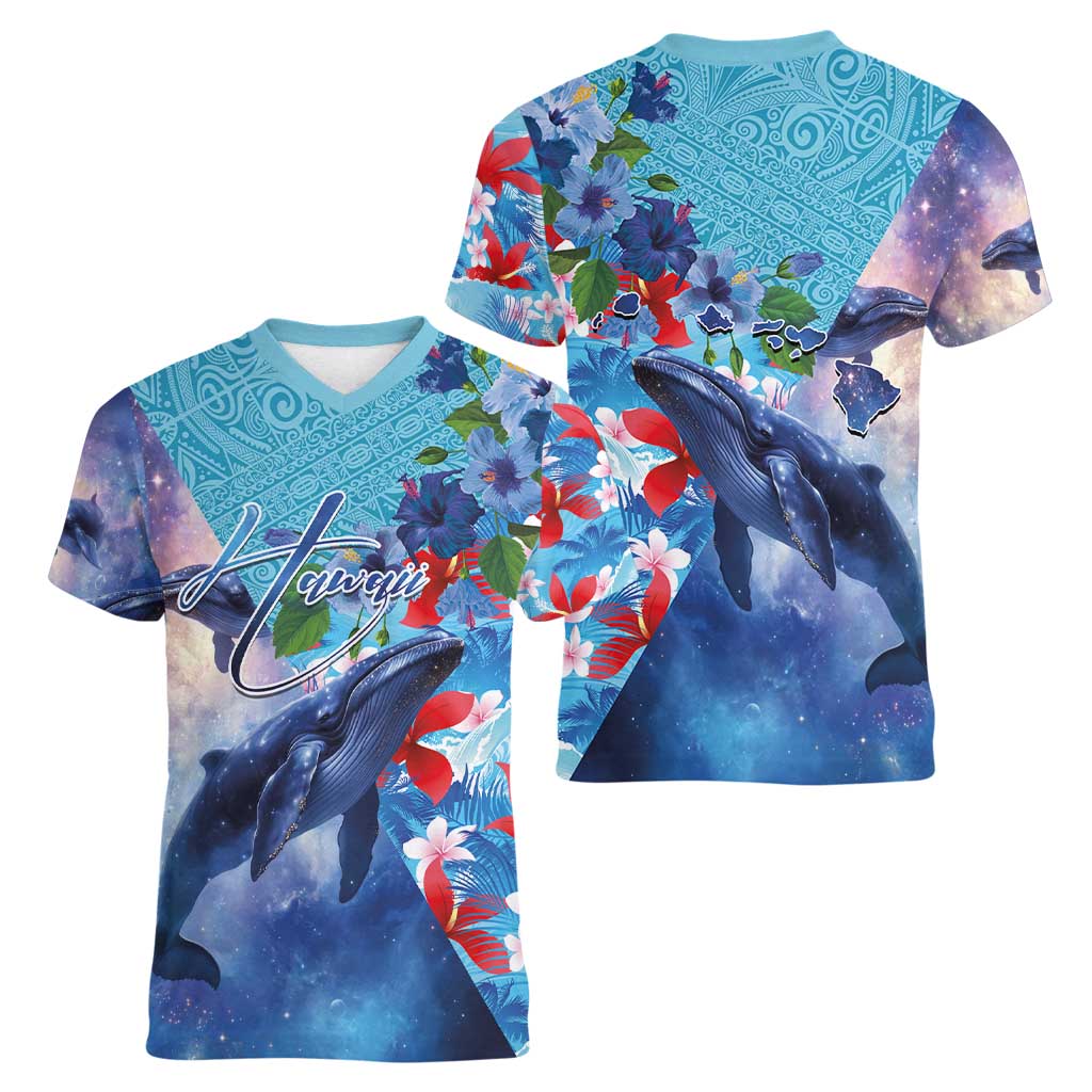 Hawaii Aloha Whales Women V-Neck T-Shirt Hibiscus and Whales with Polynesian Pattern LT03 - Polynesian Pride