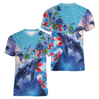 Hawaii Aloha Whales Women V-Neck T-Shirt Hibiscus and Whales with Polynesian Pattern LT03 - Polynesian Pride