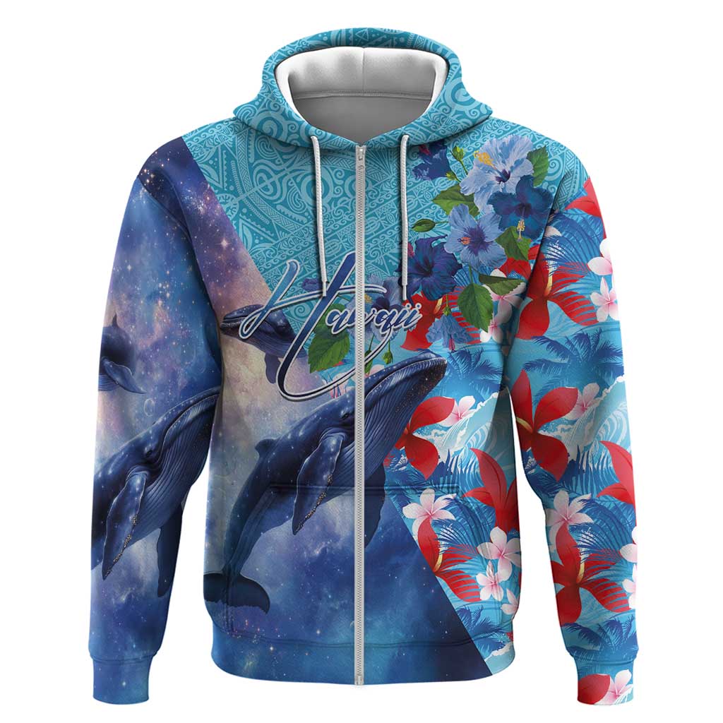 Hawaii Aloha Whales Zip Hoodie Hibiscus and Whales with Polynesian Pattern - Polynesian Pride