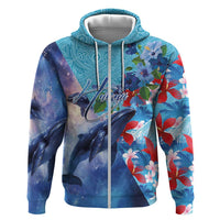 Hawaii Aloha Whales Zip Hoodie Hibiscus and Whales with Polynesian Pattern - Polynesian Pride
