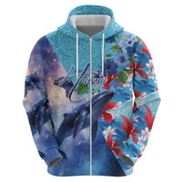 Hawaii Aloha Whales Zip Hoodie Hibiscus and Whales with Polynesian Pattern - Polynesian Pride