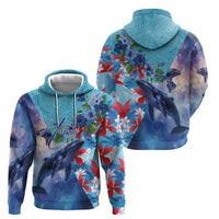 Hawaii Aloha Whales Zip Hoodie Hibiscus and Whales with Polynesian Pattern - Polynesian Pride