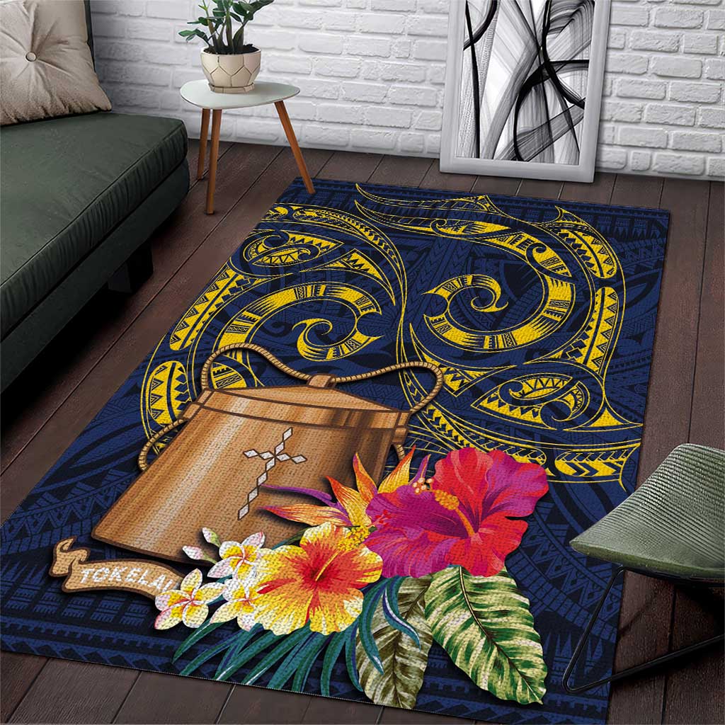 Tokelau Tokehega Day Area Rug Coat of Arms with Polynesian Tattoo and Hibiscus LT03 Blue - Polynesian Pride