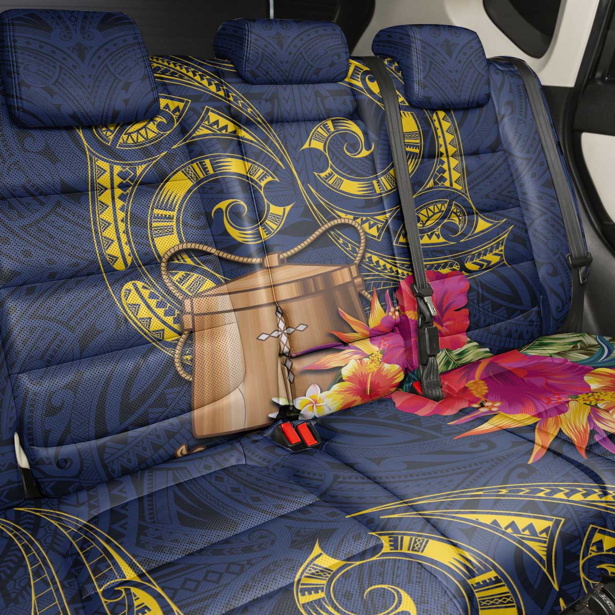 Tokelau Tokehega Day Back Car Seat Cover Coat of Arms with Polynesian Tattoo and Hibiscus
