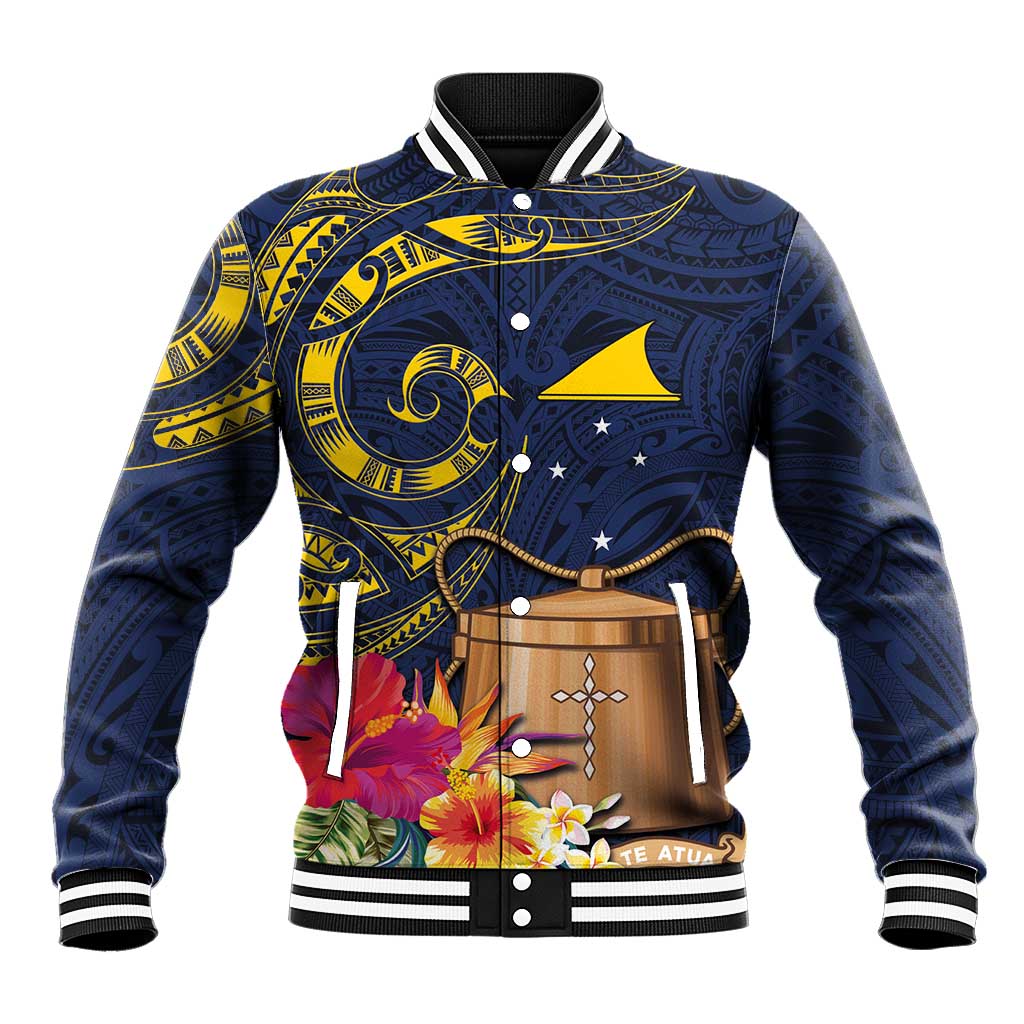 Tokelau Tokehega Day Baseball Jacket Coat of Arms with Polynesian Tattoo and Hibiscus LT03 Unisex Blue - Polynesian Pride