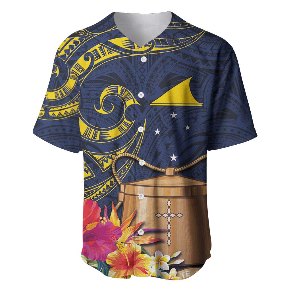 Tokelau Tokehega Day Baseball Jersey Coat of Arms with Polynesian Tattoo and Hibiscus LT03 Blue - Polynesian Pride
