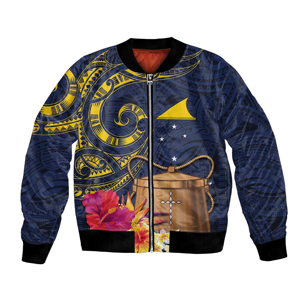 Tokelau Tokehega Day Bomber Jacket Coat of Arms with Polynesian Tattoo and Hibiscus LT03 Unisex Blue - Polynesian Pride