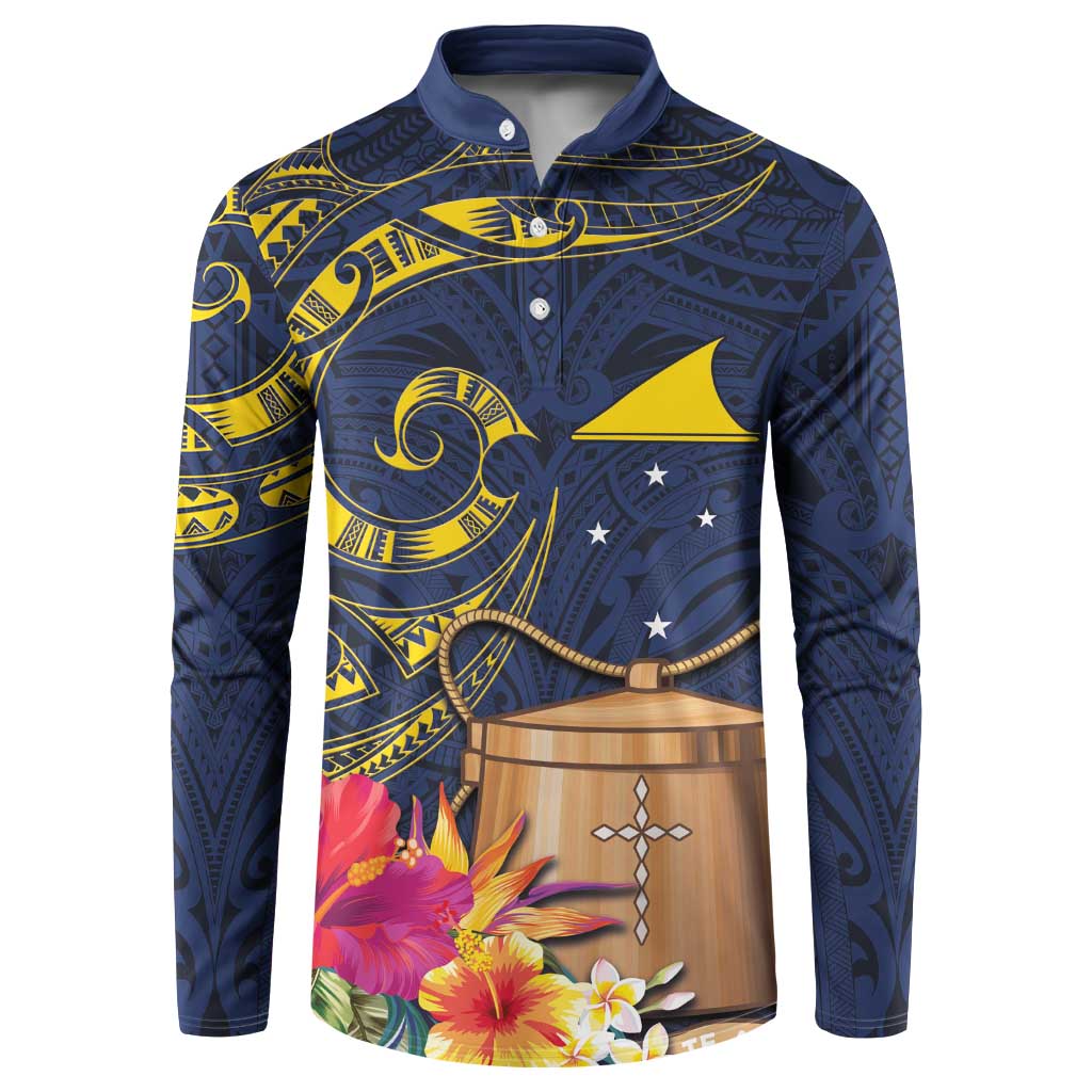 Tokelau Tokehega Day Button Sweatshirt Coat of Arms with Polynesian Tattoo and Hibiscus LT03 Blue - Polynesian Pride