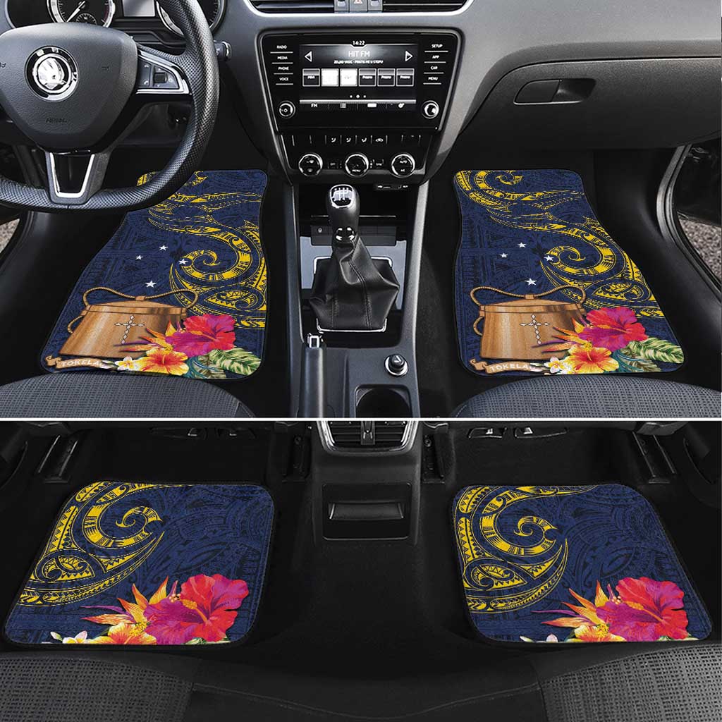 Tokelau Tokehega Day Car Mats Coat of Arms with Polynesian Tattoo and Hibiscus LT03 Set 4pcs Blue - Polynesian Pride