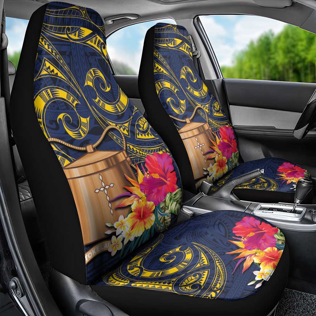 Tokelau Tokehega Day Car Seat Cover Coat of Arms with Polynesian Tattoo and Hibiscus