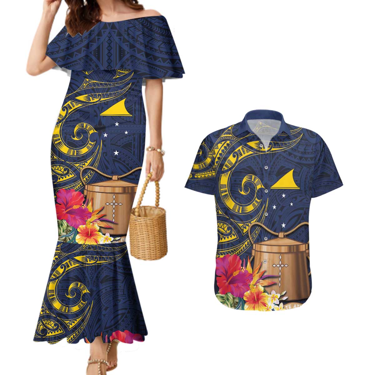 Tokelau Tokehega Day Couples Matching Mermaid Dress and Hawaiian Shirt Coat of Arms with Polynesian Tattoo and Hibiscus LT03 Blue - Polynesian Pride