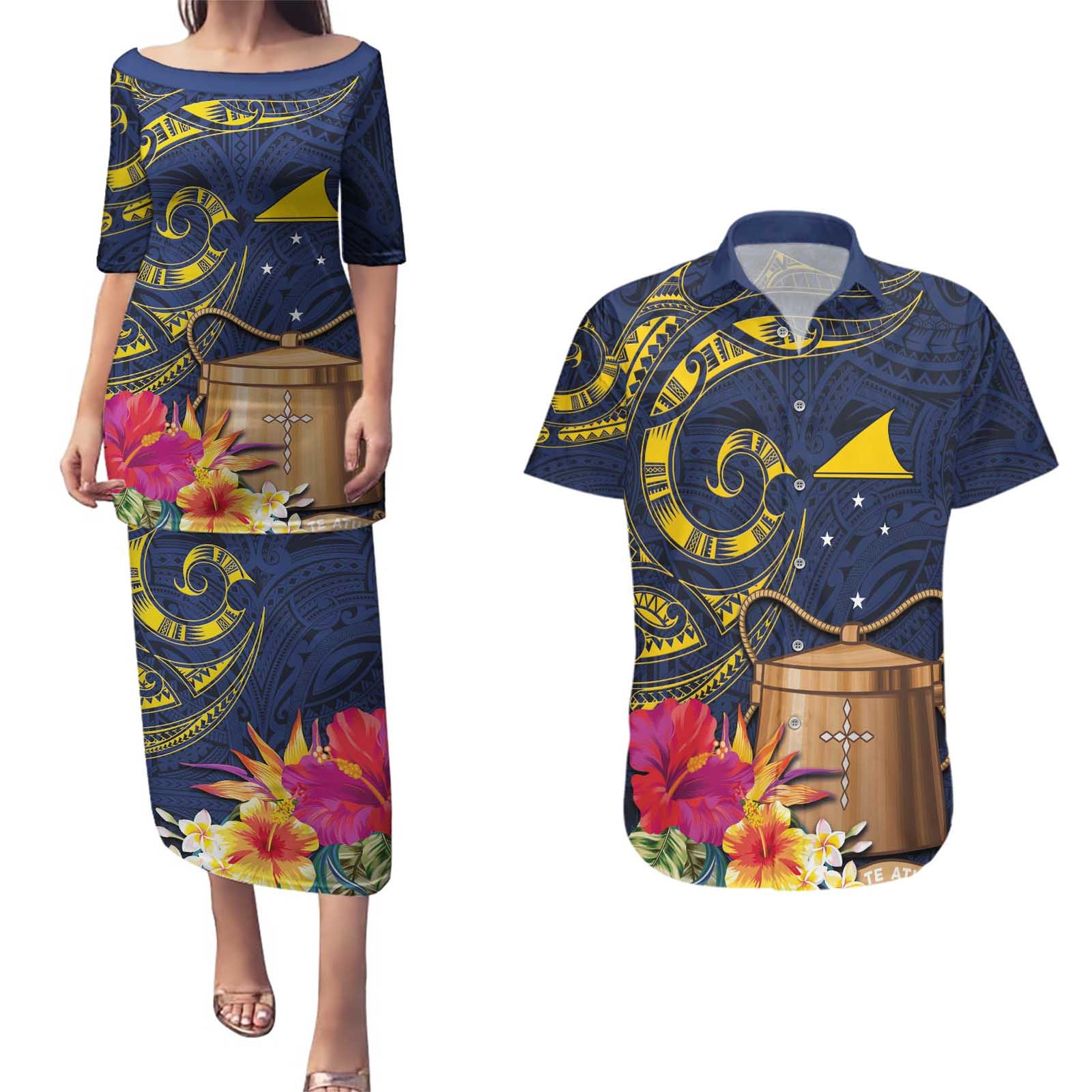 Tokelau Tokehega Day Couples Matching Puletasi and Hawaiian Shirt Coat of Arms with Polynesian Tattoo and Hibiscus LT03 Blue - Polynesian Pride