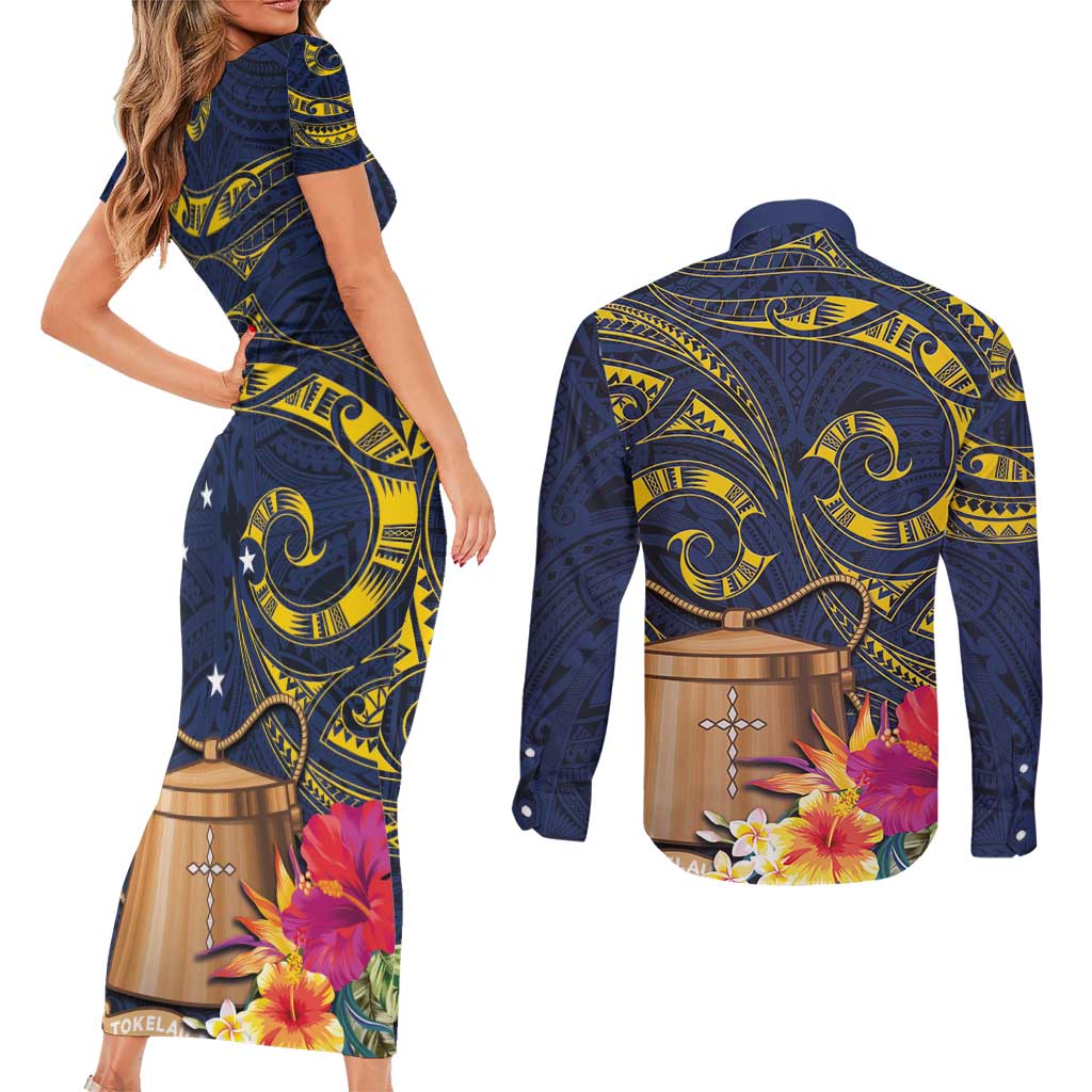 Tokelau Tokehega Day Couples Matching Short Sleeve Bodycon Dress and Long Sleeve Button Shirt Coat of Arms with Polynesian Tattoo and Hibiscus