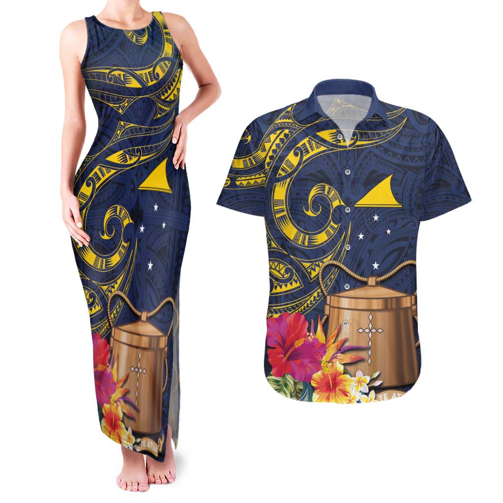 Tokelau Tokehega Day Couples Matching Tank Maxi Dress and Hawaiian Shirt Coat of Arms with Polynesian Tattoo and Hibiscus LT03 Blue - Polynesian Pride