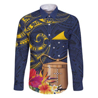 Tokelau Tokehega Day Family Matching Mermaid Dress and Hawaiian Shirt Coat of Arms with Polynesian Tattoo and Hibiscus LT03 Dad's Shirt - Long Sleeve Blue - Polynesian Pride