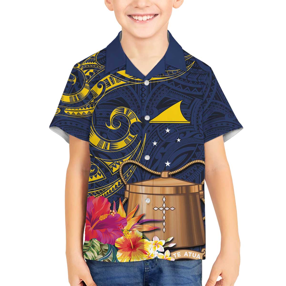Tokelau Tokehega Day Family Matching Off Shoulder Short Dress and Hawaiian Shirt Coat of Arms with Polynesian Tattoo and Hibiscus LT03 Son's Shirt Blue - Polynesian Pride
