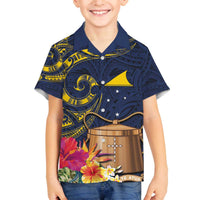 Tokelau Tokehega Day Family Matching Off Shoulder Short Dress and Hawaiian Shirt Coat of Arms with Polynesian Tattoo and Hibiscus LT03 Son's Shirt Blue - Polynesian Pride
