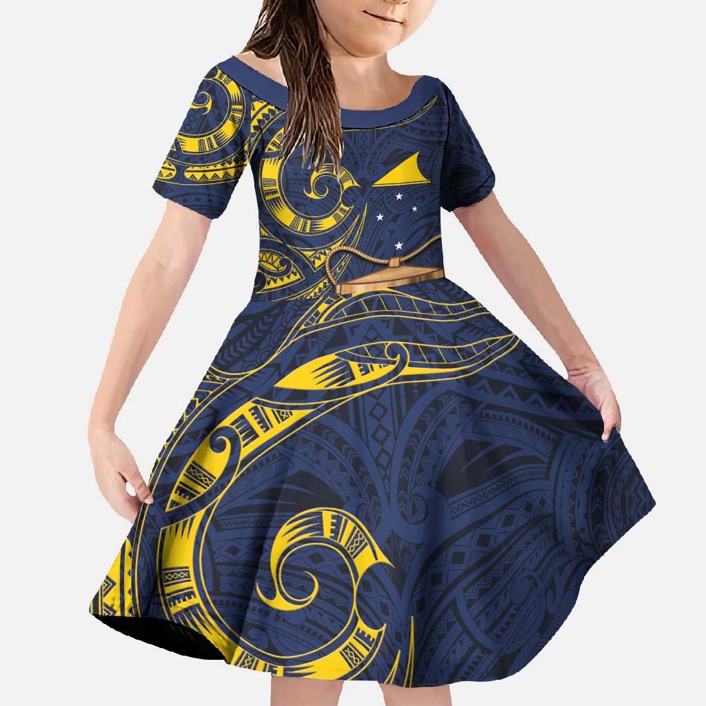 Tokelau Tokehega Day Family Matching Tank Maxi Dress and Hawaiian Shirt Coat of Arms with Polynesian Tattoo and Hibiscus LT03 Daughter's Dress Blue - Polynesian Pride