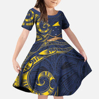 Tokelau Tokehega Day Family Matching Tank Maxi Dress and Hawaiian Shirt Coat of Arms with Polynesian Tattoo and Hibiscus LT03 Daughter's Dress Blue - Polynesian Pride