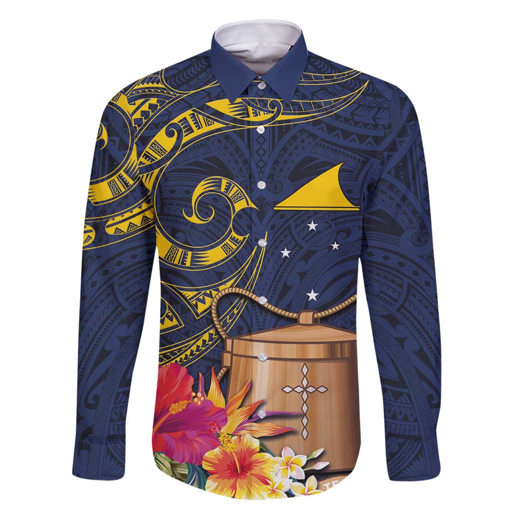 Tokelau Tokehega Day Family Matching Tank Maxi Dress and Hawaiian Shirt Coat of Arms with Polynesian Tattoo and Hibiscus LT03 Dad's Shirt - Long Sleeve Blue - Polynesian Pride