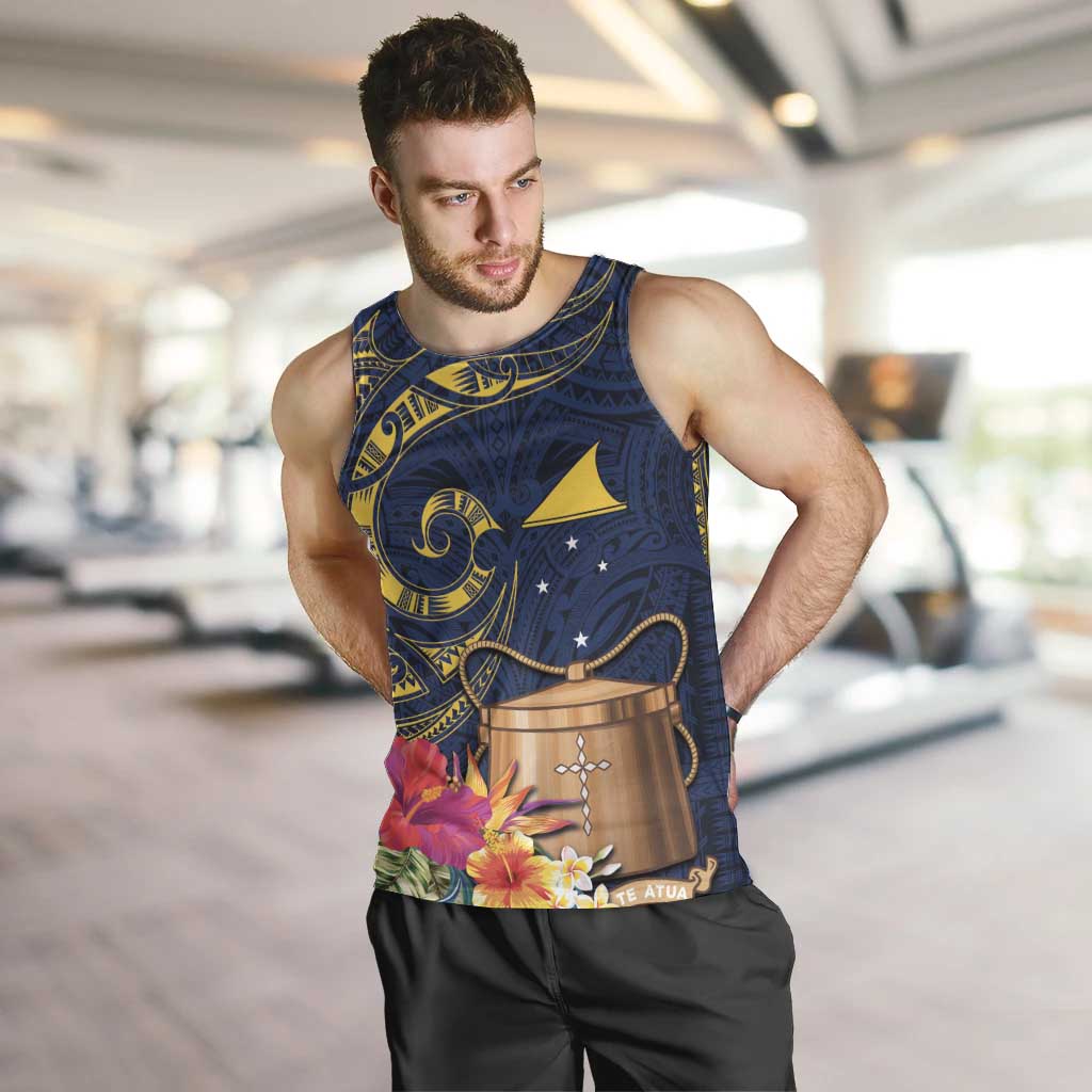 Tokelau Tokehega Day Men Tank Top Coat of Arms with Polynesian Tattoo and Hibiscus LT03 Blue - Polynesian Pride