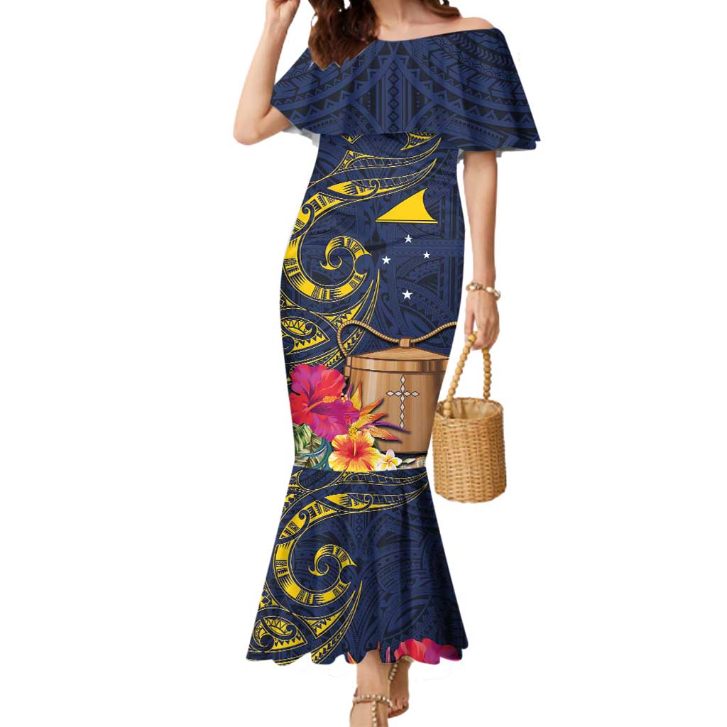 Tokelau Tokehega Day Mermaid Dress Coat of Arms with Polynesian Tattoo and Hibiscus LT03 Women Blue - Polynesian Pride