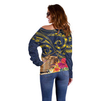Tokelau Tokehega Day Off Shoulder Sweater Coat of Arms with Polynesian Tattoo and Hibiscus