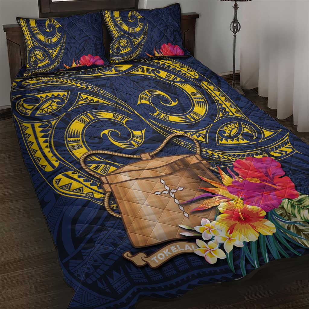 Tokelau Tokehega Day Quilt Bed Set Coat of Arms with Polynesian Tattoo and Hibiscus LT03 Blue - Polynesian Pride