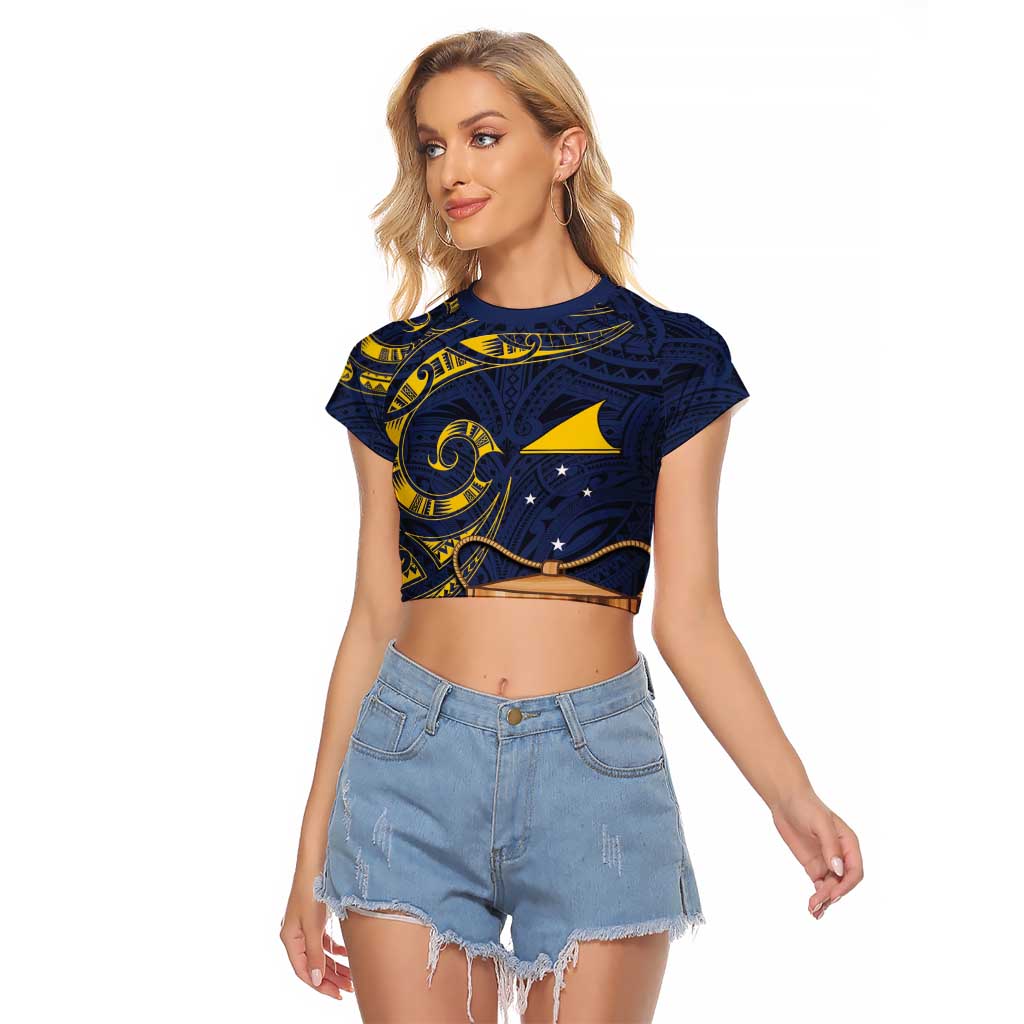 Tokelau Tokehega Day Raglan Cropped T Shirt Coat of Arms with Polynesian Tattoo and Hibiscus LT03 Female Blue - Polynesian Pride