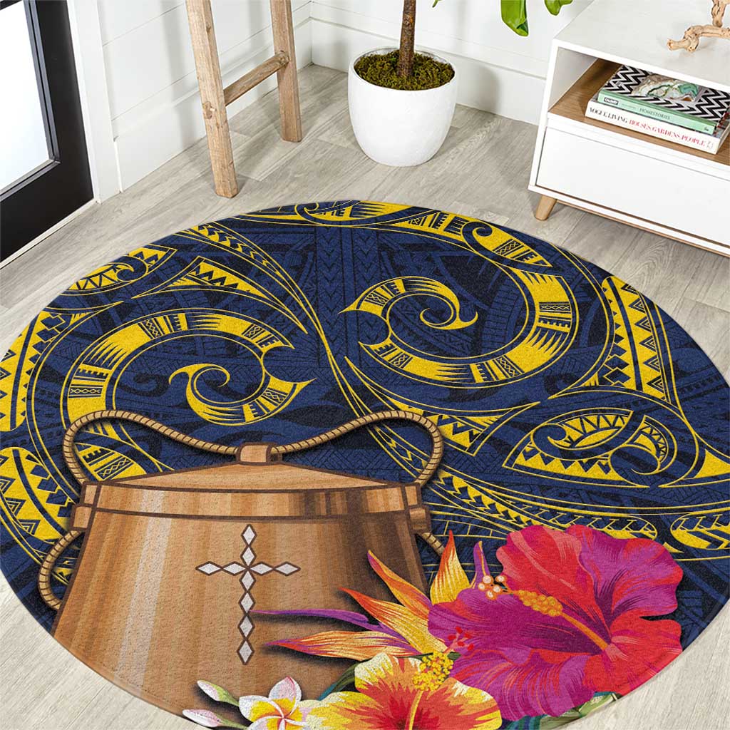 Tokelau Tokehega Day Round Carpet Coat of Arms with Polynesian Tattoo and Hibiscus LT03 Blue - Polynesian Pride