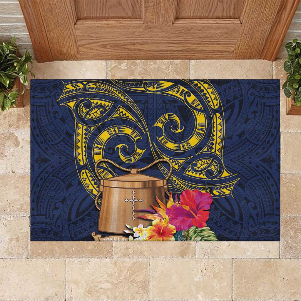 Tokelau Tokehega Day Rubber Doormat Coat of Arms with Polynesian Tattoo and Hibiscus LT03 Blue - Polynesian Pride