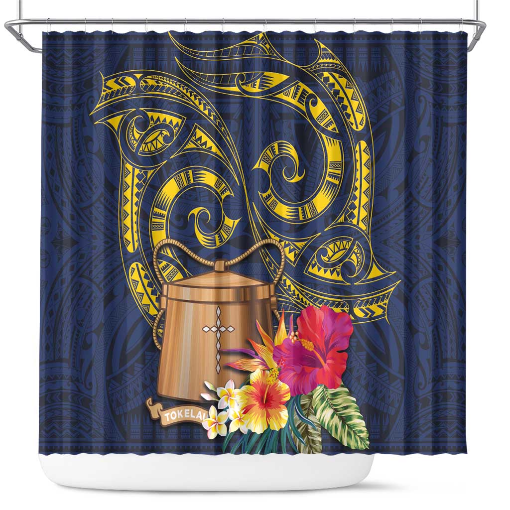 Tokelau Tokehega Day Shower Curtain Coat of Arms with Polynesian Tattoo and Hibiscus LT03 Blue - Polynesian Pride
