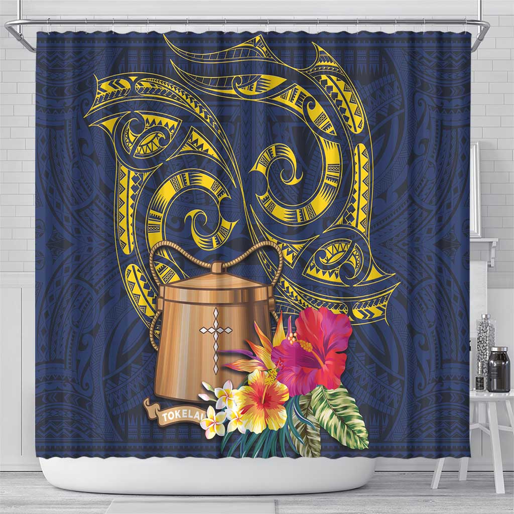 Tokelau Tokehega Day Shower Curtain Coat of Arms with Polynesian Tattoo and Hibiscus LT03 - Polynesian Pride