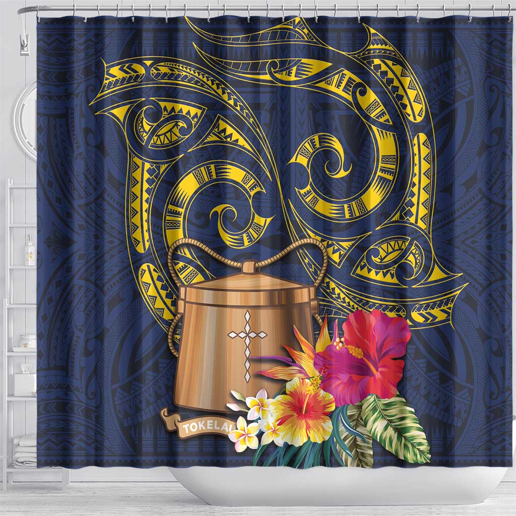 Tokelau Tokehega Day Shower Curtain Coat of Arms with Polynesian Tattoo and Hibiscus LT03 - Polynesian Pride