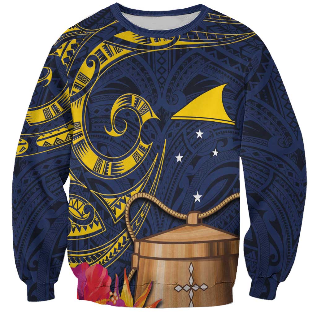 Tokelau Tokehega Day Sweatshirt Coat of Arms with Polynesian Tattoo and Hibiscus LT03 Unisex Blue - Polynesian Pride