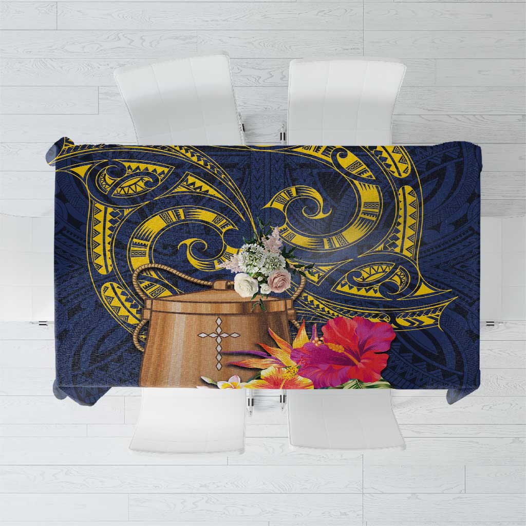 Tokelau Tokehega Day Tablecloth Coat of Arms with Polynesian Tattoo and Hibiscus LT03 Blue - Polynesian Pride