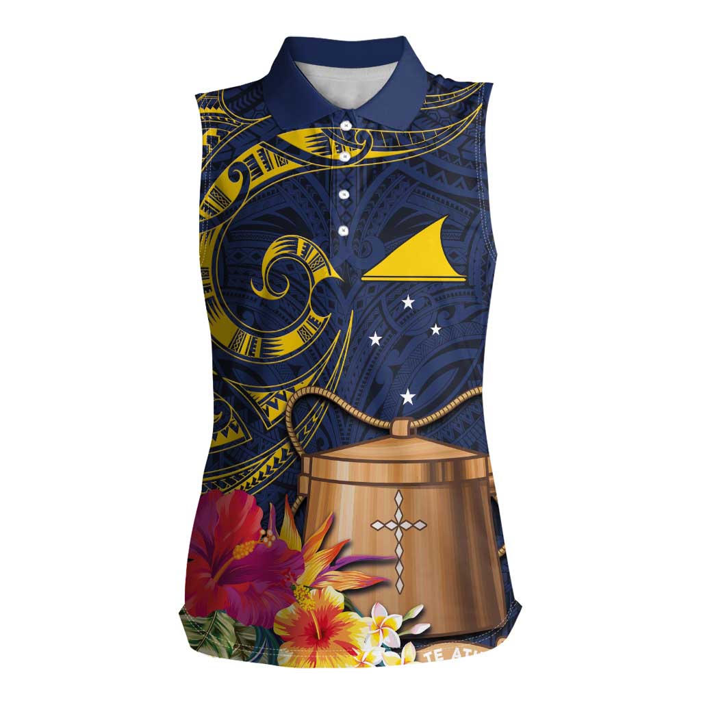 Tokelau Tokehega Day Women Sleeveless Polo Shirt Coat of Arms with Polynesian Tattoo and Hibiscus LT03 Female Blue - Polynesian Pride