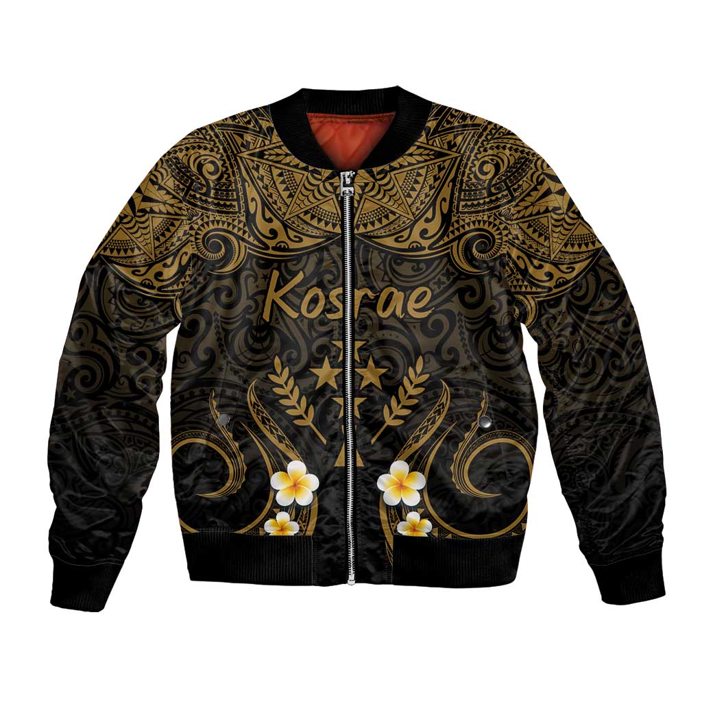 Personalised Kosrae Liberation Day Bomber Jacket Polynesian Tattoo and Plumeria Gold Color LT03 Unisex Gold - Polynesian Pride