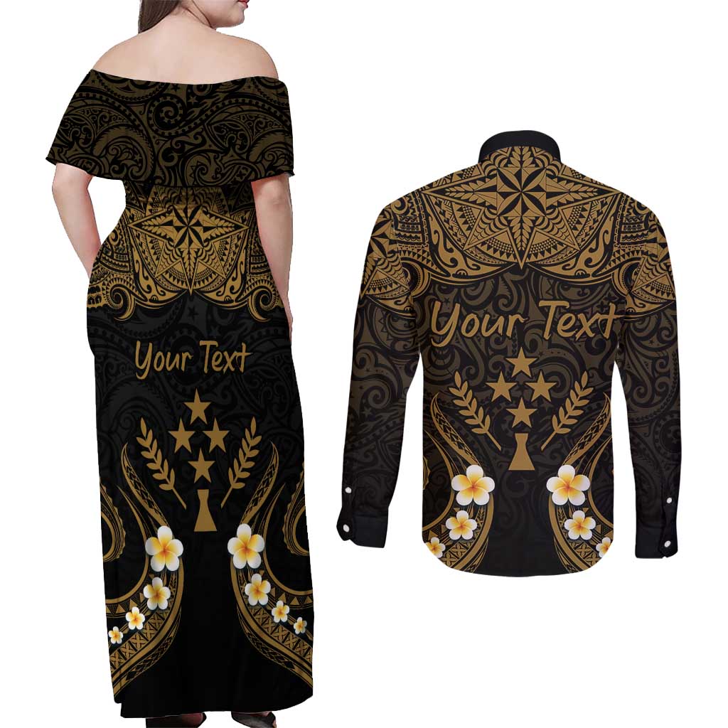 Personalised Kosrae Liberation Day Couples Matching Off Shoulder Maxi Dress and Long Sleeve Button Shirt Polynesian Tattoo and Plumeria Gold Color