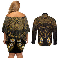 Personalised Kosrae Liberation Day Couples Matching Off Shoulder Short Dress and Long Sleeve Button Shirt Polynesian Tattoo and Plumeria Gold Color