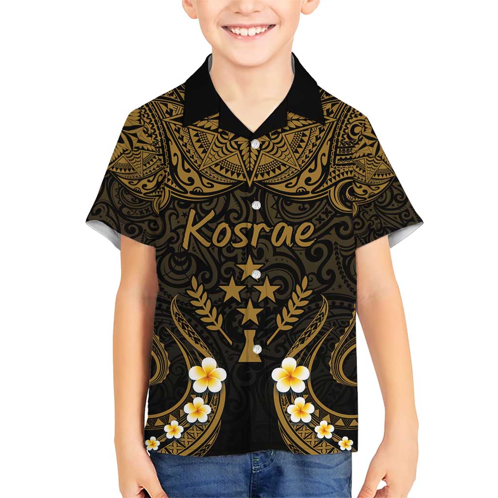 Personalised Kosrae Liberation Day Family Matching Short Sleeve Bodycon Dress and Hawaiian Shirt Polynesian Tattoo and Plumeria Gold Color