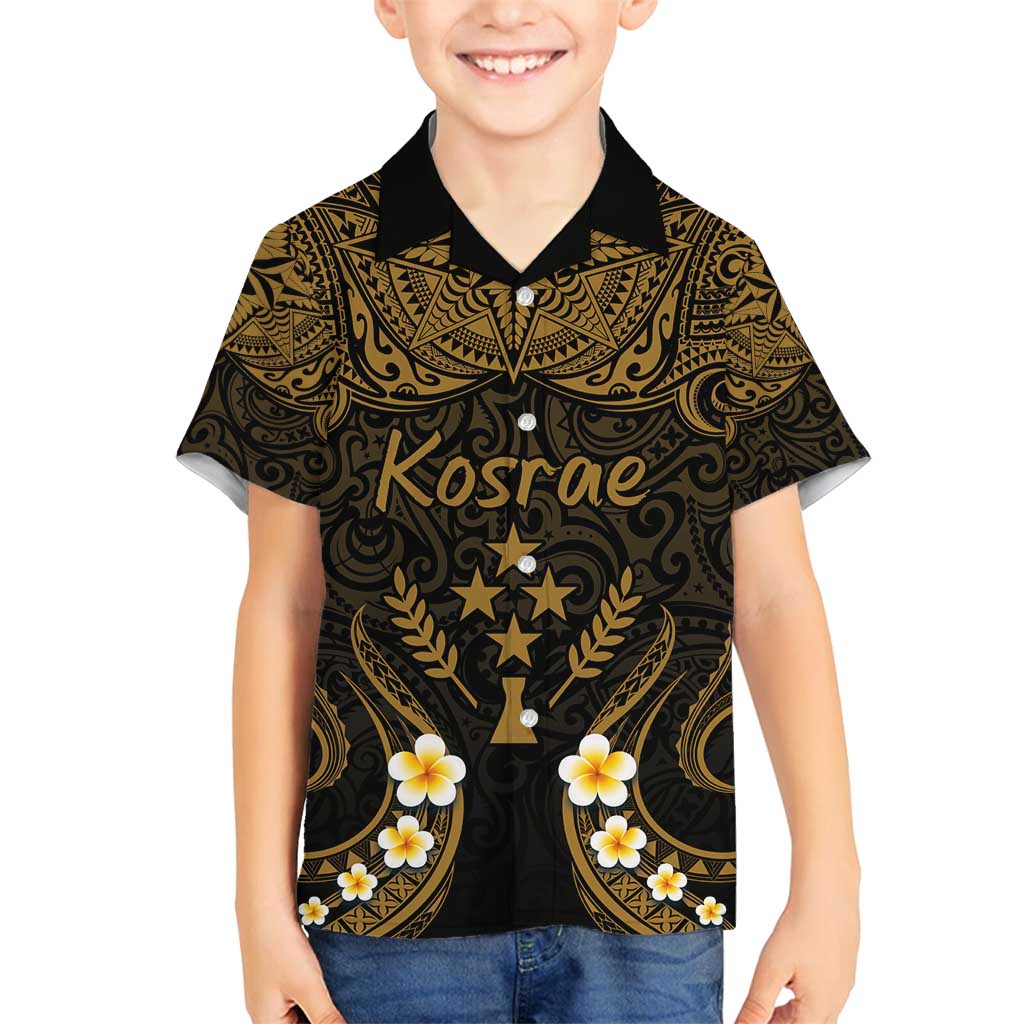 Personalised Kosrae Liberation Day Family Matching Tank Maxi Dress and Hawaiian Shirt Polynesian Tattoo and Plumeria Gold Color